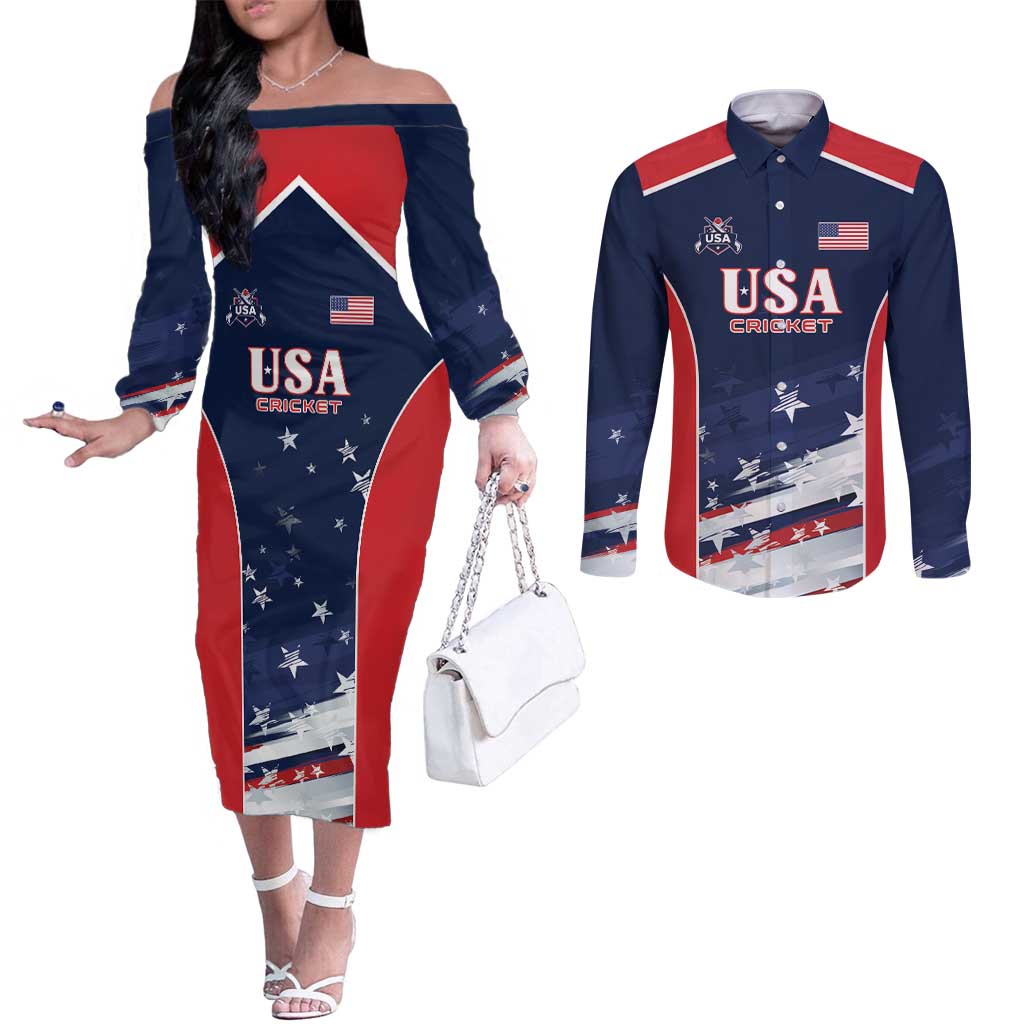 Custom USA Cricket Couples Matching Off The Shoulder Long Sleeve Dress and Long Sleeve Button Shirt US Team Play Bold Play Proud - Wonder Print Shop