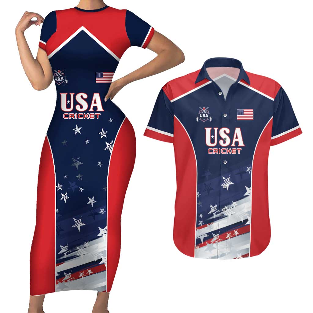 Custom USA Cricket Couples Matching Short Sleeve Bodycon Dress and Hawaiian Shirt US Team Play Bold Play Proud - Wonder Print Shop