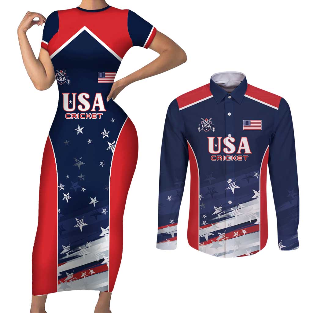 Custom USA Cricket Couples Matching Short Sleeve Bodycon Dress and Long Sleeve Button Shirt US Team Play Bold Play Proud - Wonder Print Shop