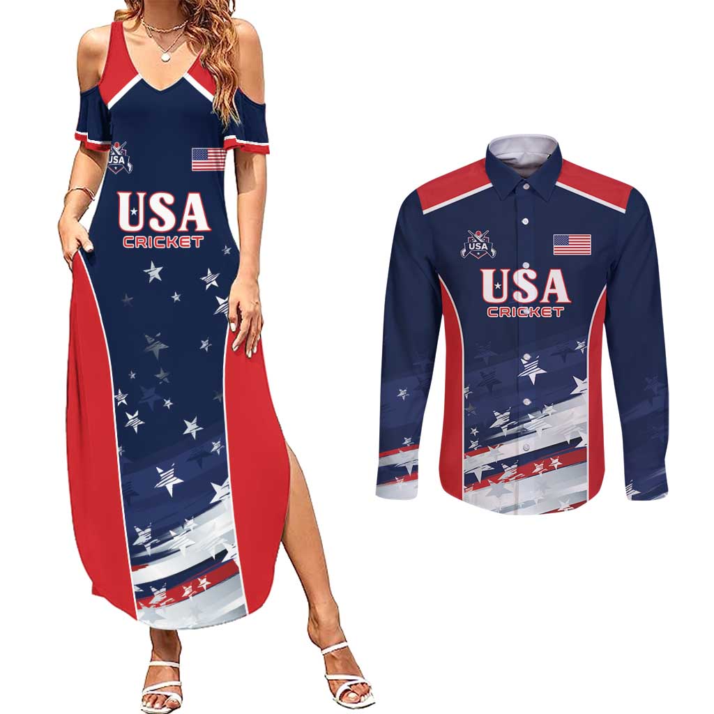 Custom USA Cricket Couples Matching Summer Maxi Dress and Long Sleeve Button Shirt US Team Play Bold Play Proud - Wonder Print Shop