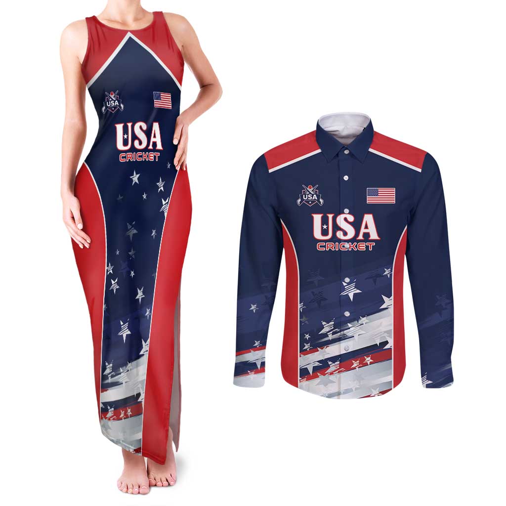 Custom USA Cricket Couples Matching Tank Maxi Dress and Long Sleeve Button Shirt US Team Play Bold Play Proud - Wonder Print Shop