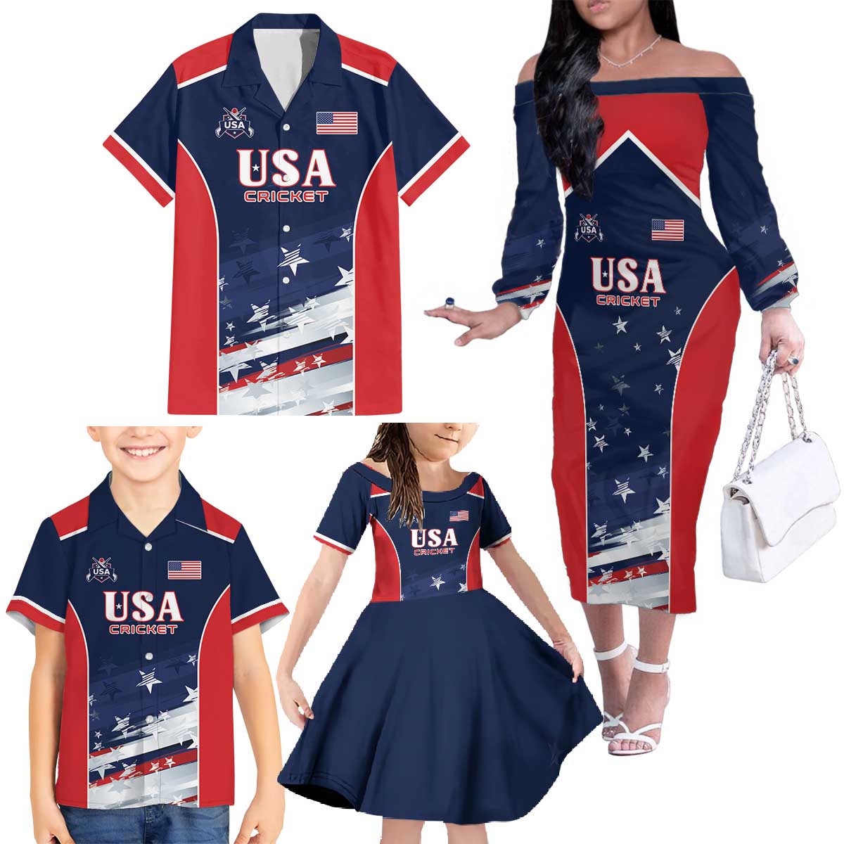 Custom USA Cricket Family Matching Off The Shoulder Long Sleeve Dress and Hawaiian Shirt US Team Play Bold Play Proud - Wonder Print Shop