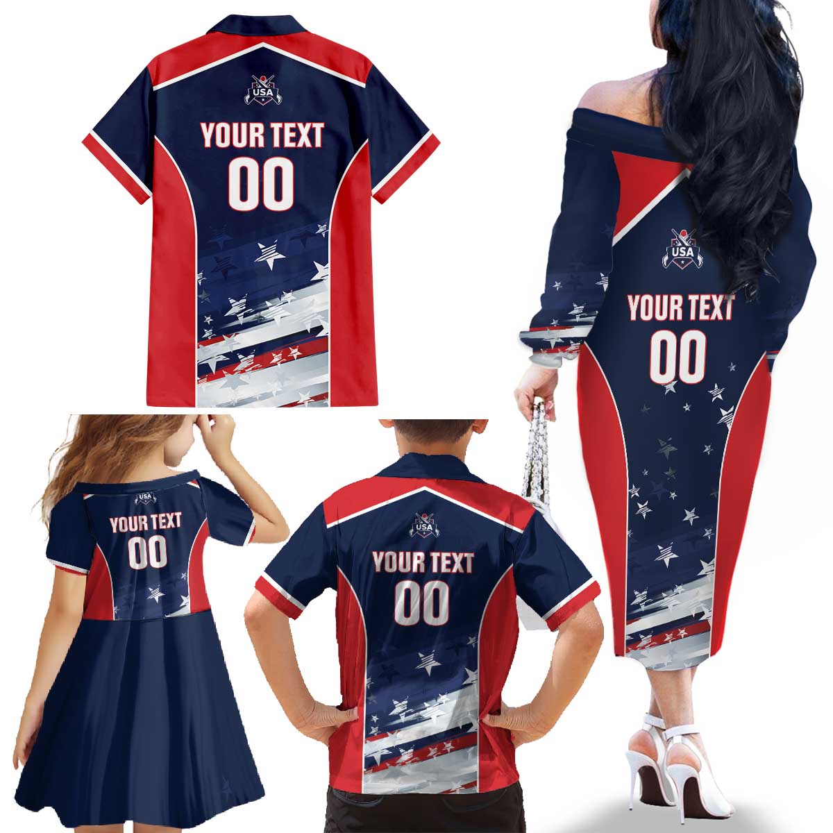 Custom USA Cricket Family Matching Off The Shoulder Long Sleeve Dress and Hawaiian Shirt US Team Play Bold Play Proud - Wonder Print Shop