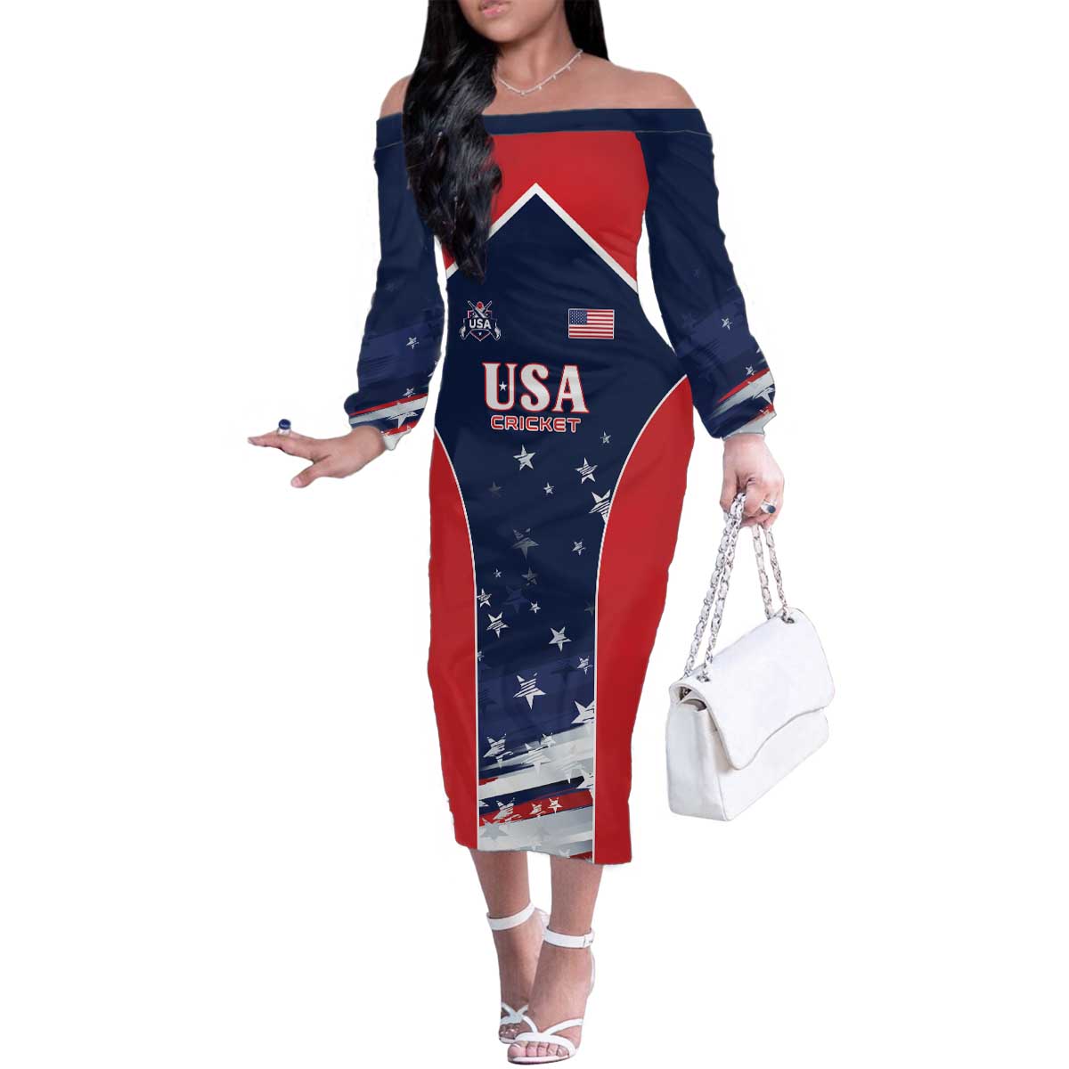 Custom USA Cricket Family Matching Off The Shoulder Long Sleeve Dress and Hawaiian Shirt US Team Play Bold Play Proud - Wonder Print Shop