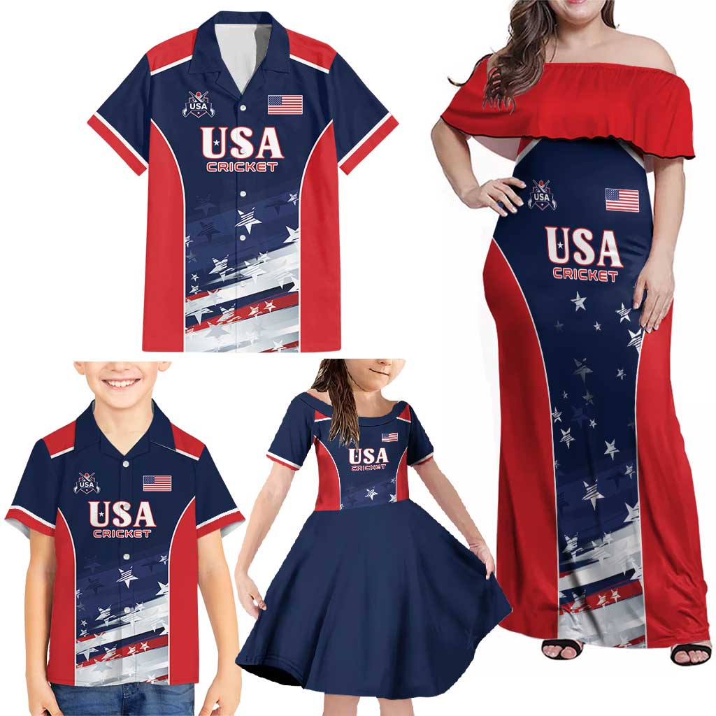 Custom USA Cricket Family Matching Off Shoulder Maxi Dress and Hawaiian Shirt US Team Play Bold Play Proud - Wonder Print Shop