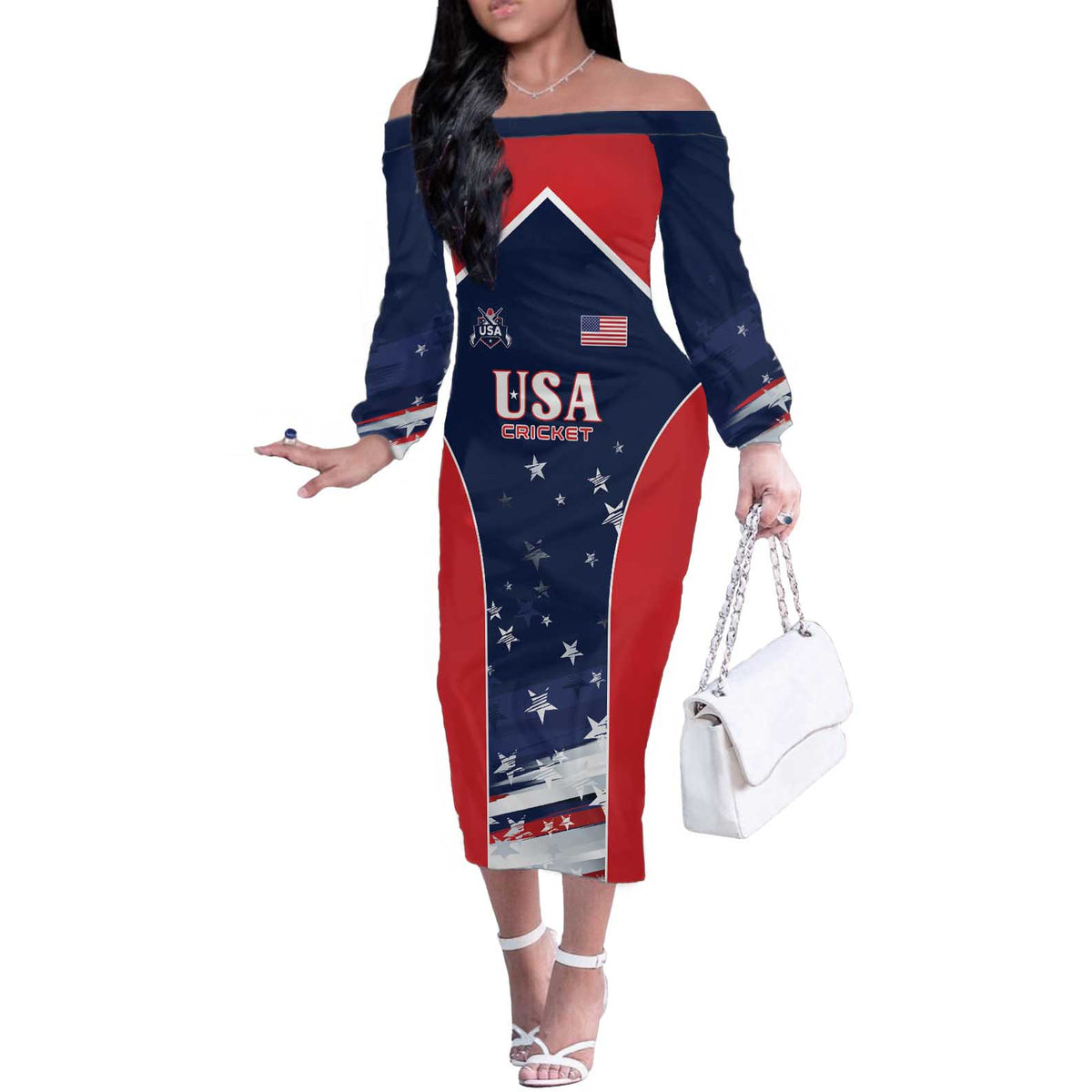 Custom USA Cricket Off The Shoulder Long Sleeve Dress US Team Play Bold Play Proud - Wonder Print Shop