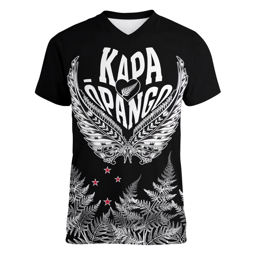 Custom New Zealand Rugby Women V Neck T Shirt NZ Opango Forever Silver Fern Heart - Wonder Print Shop