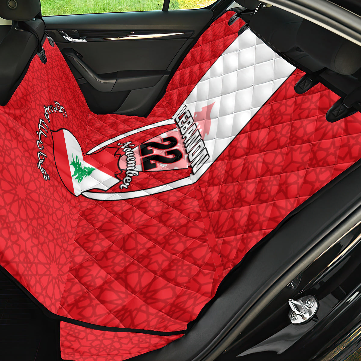 Lebanon Independence Day Back Car Seat Cover Lebanese Coat Of Arms Islamic Pattern - Wonder Print Shop