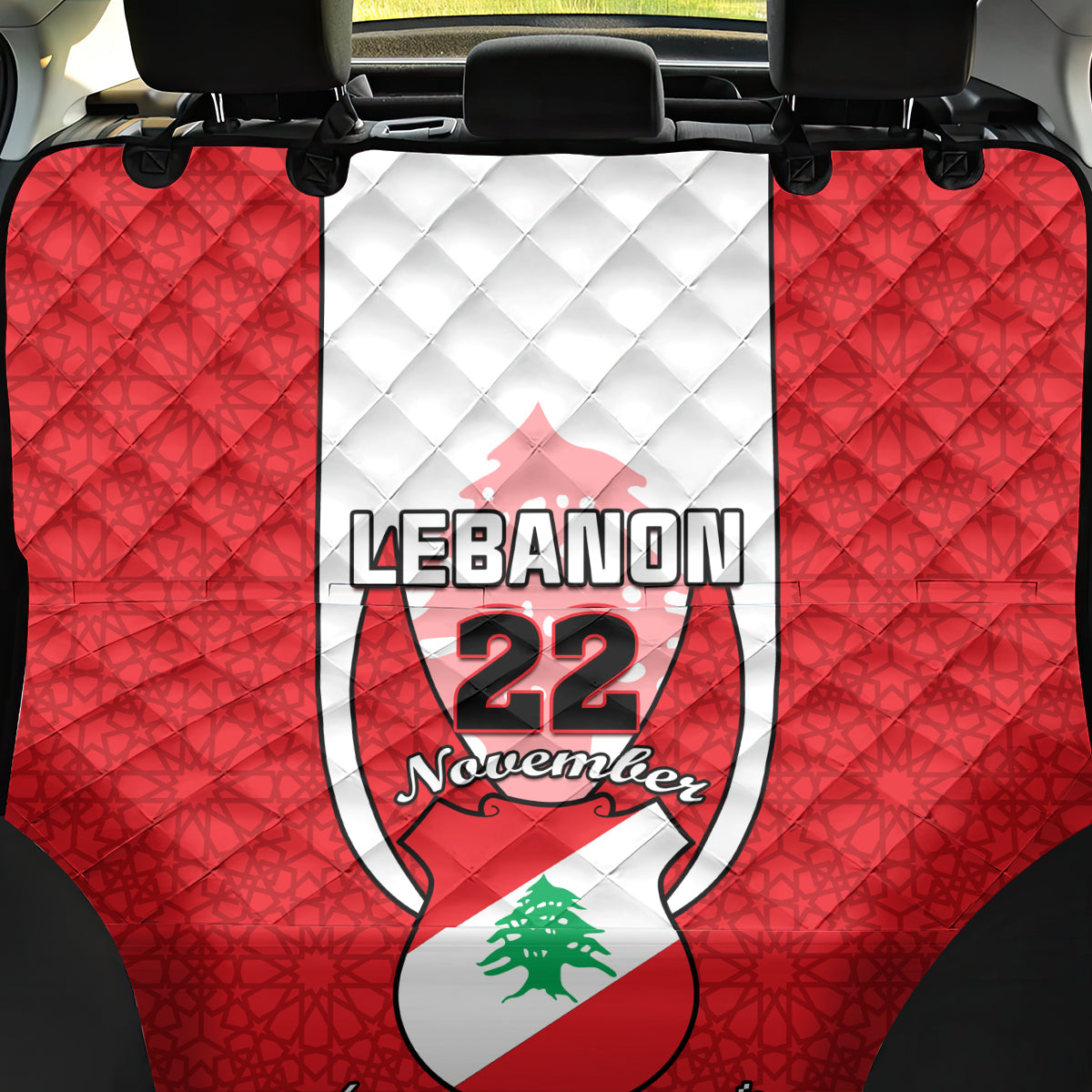 Lebanon Independence Day Back Car Seat Cover Lebanese Coat Of Arms Islamic Pattern - Wonder Print Shop