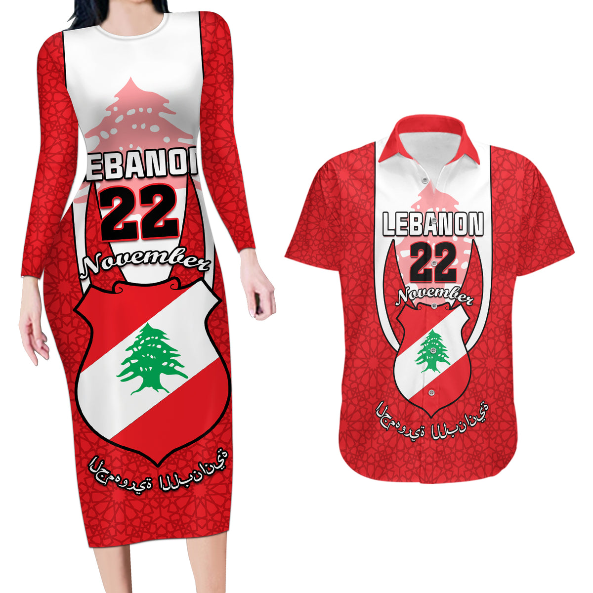 Personalised Lebanon Independence Day Couples Matching Long Sleeve Bodycon Dress and Hawaiian Shirt Lebanese Coat Of Arms Islamic Pattern - Wonder Print Shop