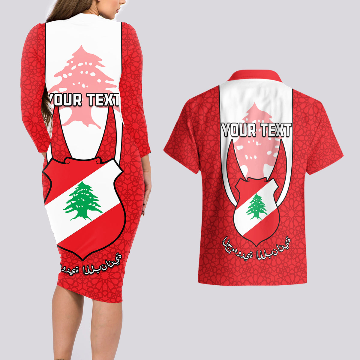 Personalised Lebanon Independence Day Couples Matching Long Sleeve Bodycon Dress and Hawaiian Shirt Lebanese Coat Of Arms Islamic Pattern - Wonder Print Shop