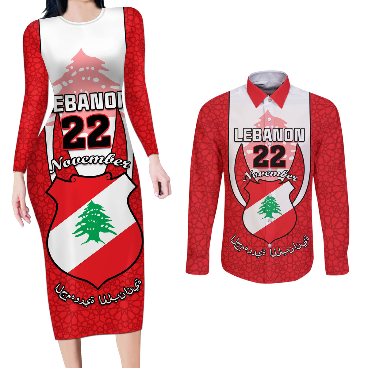 Personalised Lebanon Independence Day Couples Matching Long Sleeve Bodycon Dress and Long Sleeve Button Shirt Lebanese Coat Of Arms Islamic Pattern - Wonder Print Shop