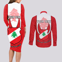 Personalised Lebanon Independence Day Couples Matching Long Sleeve Bodycon Dress and Long Sleeve Button Shirt Lebanese Coat Of Arms Islamic Pattern - Wonder Print Shop