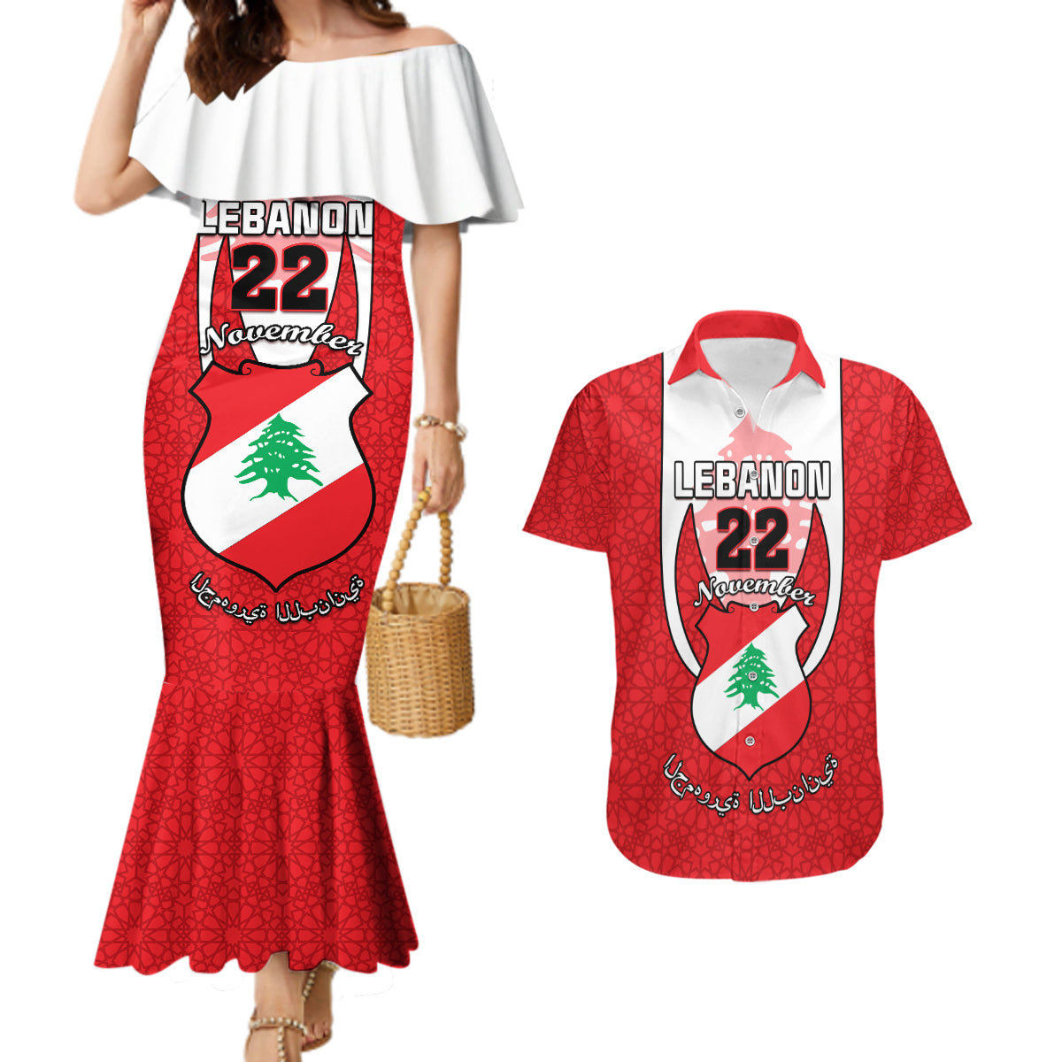 Personalised Lebanon Independence Day Couples Matching Mermaid Dress and Hawaiian Shirt Lebanese Coat Of Arms Islamic Pattern - Wonder Print Shop