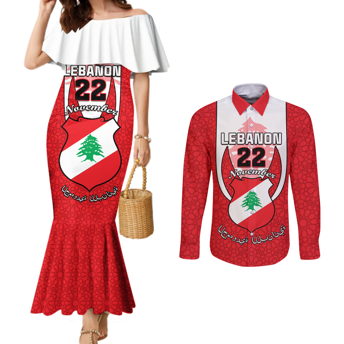personalised-lebanon-independence-day-couples-matching-mermaid-dress-and-long-sleeve-button-shirt-lebanese-coat-of-arms-islamic-pattern