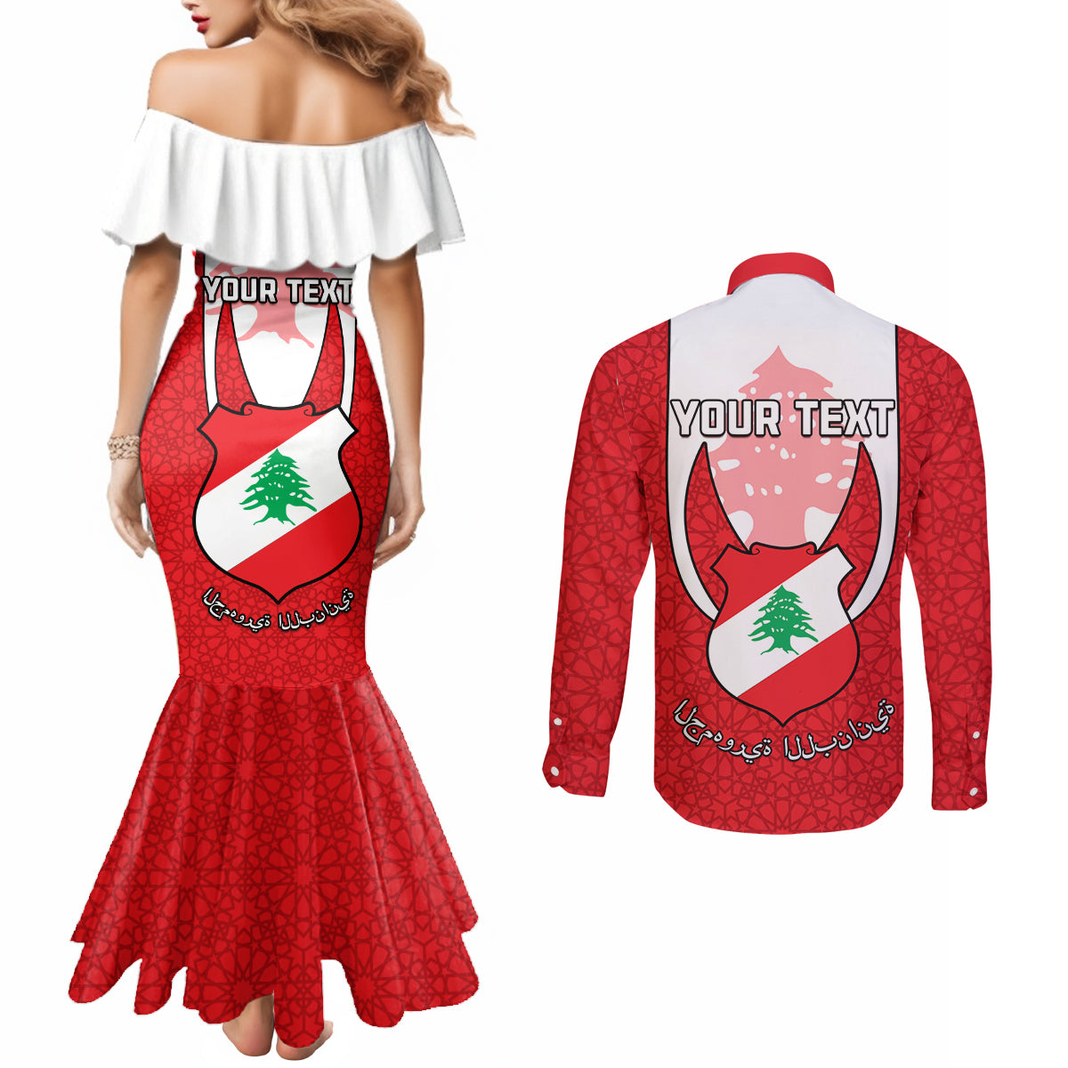 personalised-lebanon-independence-day-couples-matching-mermaid-dress-and-long-sleeve-button-shirt-lebanese-coat-of-arms-islamic-pattern
