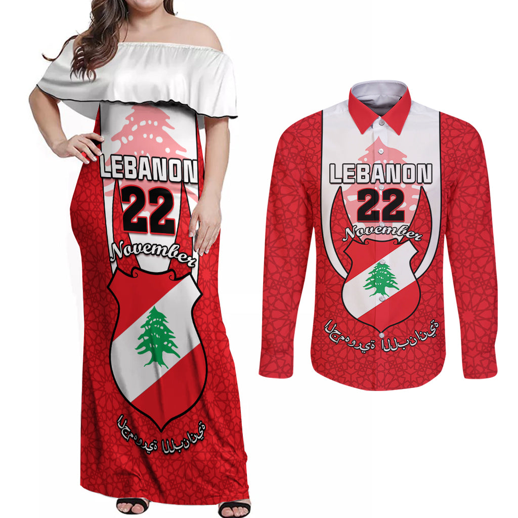 Personalised Lebanon Independence Day Couples Matching Off Shoulder Maxi Dress and Long Sleeve Button Shirt Lebanese Coat Of Arms Islamic Pattern - Wonder Print Shop