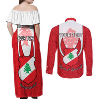 Personalised Lebanon Independence Day Couples Matching Off Shoulder Maxi Dress and Long Sleeve Button Shirt Lebanese Coat Of Arms Islamic Pattern - Wonder Print Shop