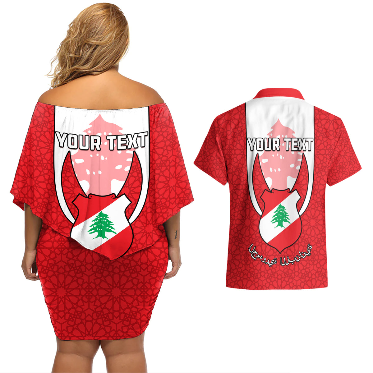 Personalised Lebanon Independence Day Couples Matching Off Shoulder Short Dress and Hawaiian Shirt Lebanese Coat Of Arms Islamic Pattern - Wonder Print Shop