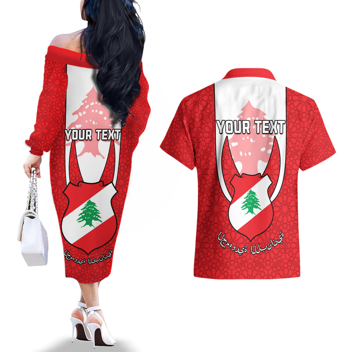 Personalised Lebanon Independence Day Couples Matching Off The Shoulder Long Sleeve Dress and Hawaiian Shirt Lebanese Coat Of Arms Islamic Pattern - Wonder Print Shop
