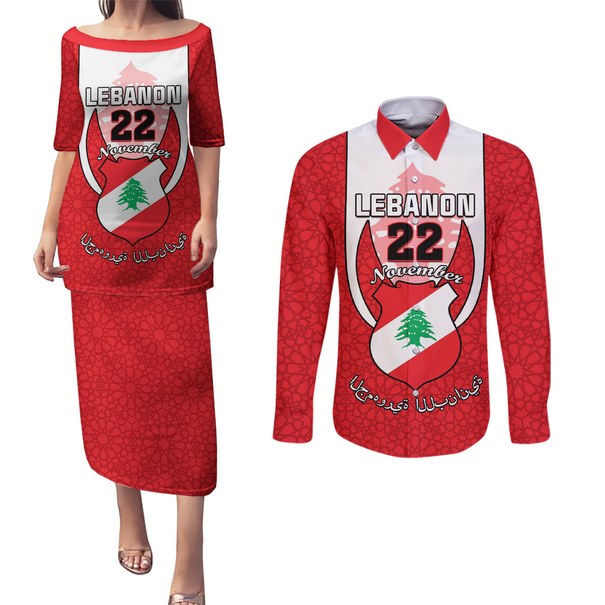 Personalised Lebanon Independence Day Couples Matching Puletasi Dress and Long Sleeve Button Shirt Lebanese Coat Of Arms Islamic Pattern - Wonder Print Shop