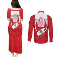 Personalised Lebanon Independence Day Couples Matching Puletasi Dress and Long Sleeve Button Shirt Lebanese Coat Of Arms Islamic Pattern - Wonder Print Shop