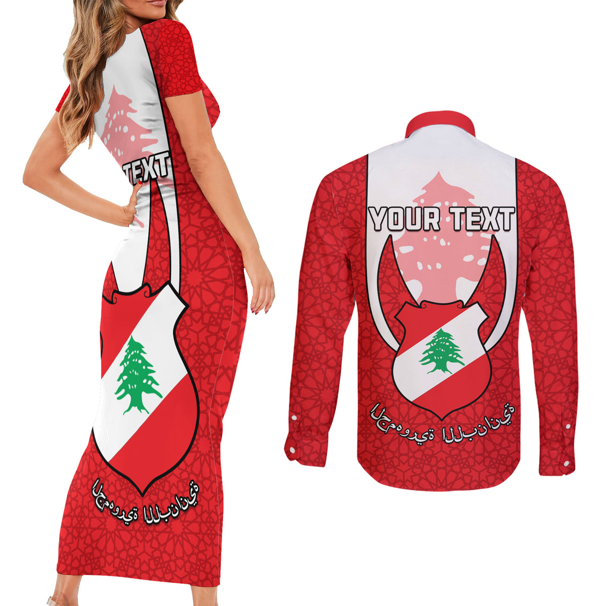Personalised Lebanon Independence Day Couples Matching Short Sleeve Bodycon Dress and Long Sleeve Button Shirt Lebanese Coat Of Arms Islamic Pattern - Wonder Print Shop