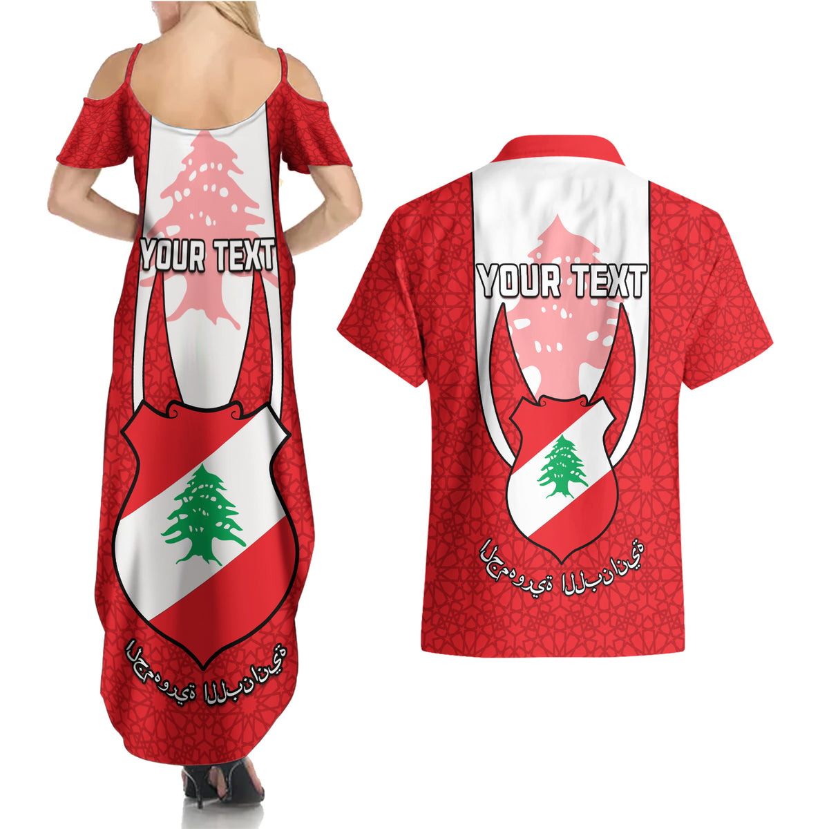 Personalised Lebanon Independence Day Couples Matching Summer Maxi Dress and Hawaiian Shirt Lebanese Coat Of Arms Islamic Pattern - Wonder Print Shop