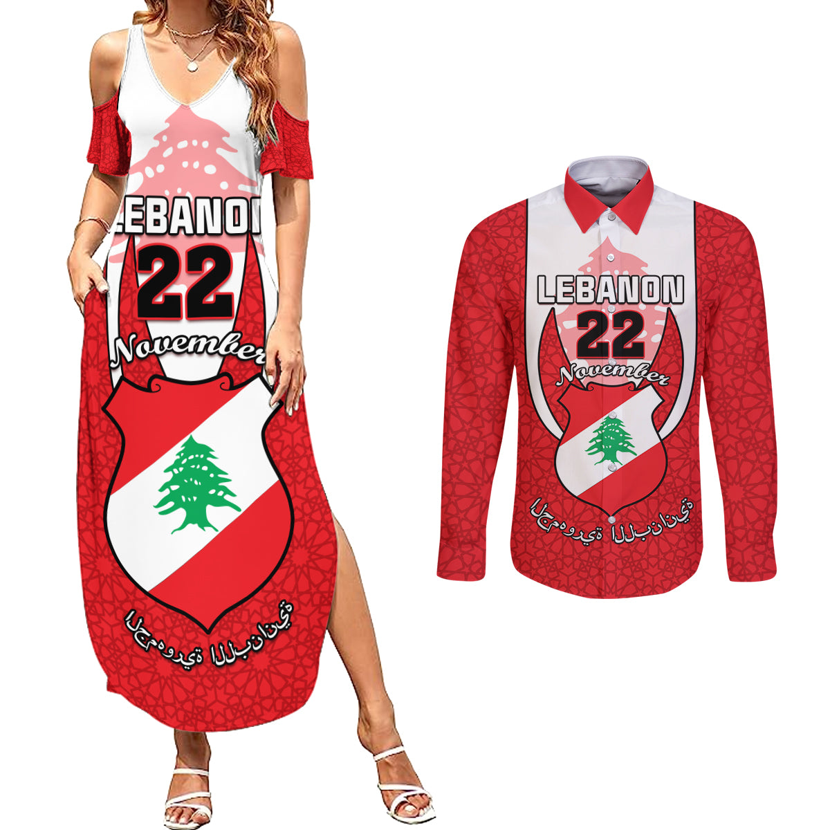 Personalised Lebanon Independence Day Couples Matching Summer Maxi Dress and Long Sleeve Button Shirt Lebanese Coat Of Arms Islamic Pattern - Wonder Print Shop