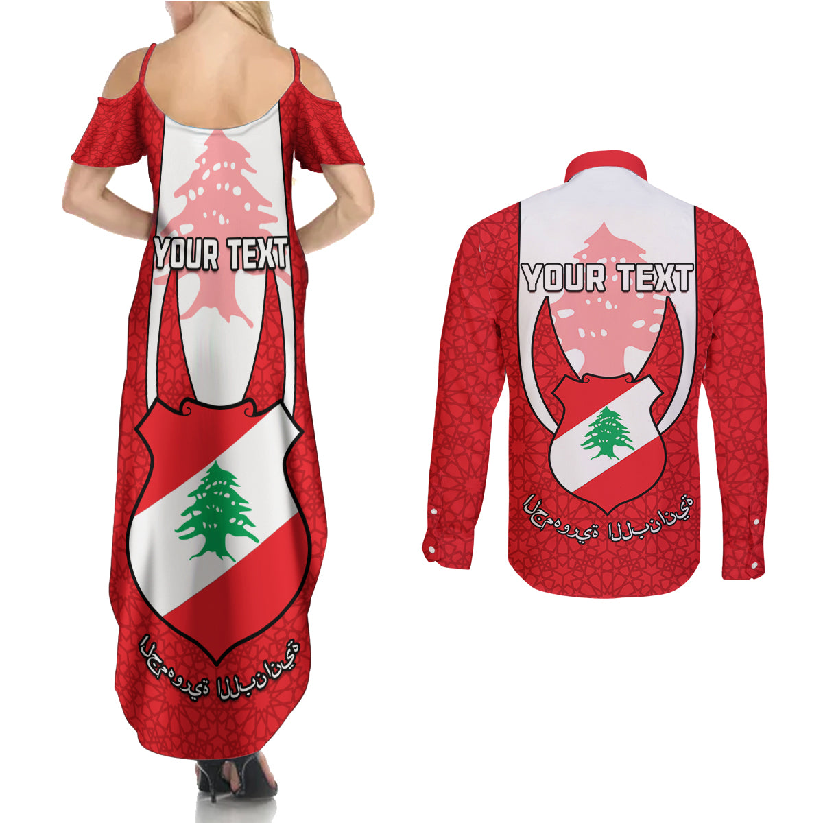 Personalised Lebanon Independence Day Couples Matching Summer Maxi Dress and Long Sleeve Button Shirt Lebanese Coat Of Arms Islamic Pattern - Wonder Print Shop