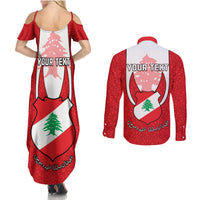 Personalised Lebanon Independence Day Couples Matching Summer Maxi Dress and Long Sleeve Button Shirt Lebanese Coat Of Arms Islamic Pattern - Wonder Print Shop