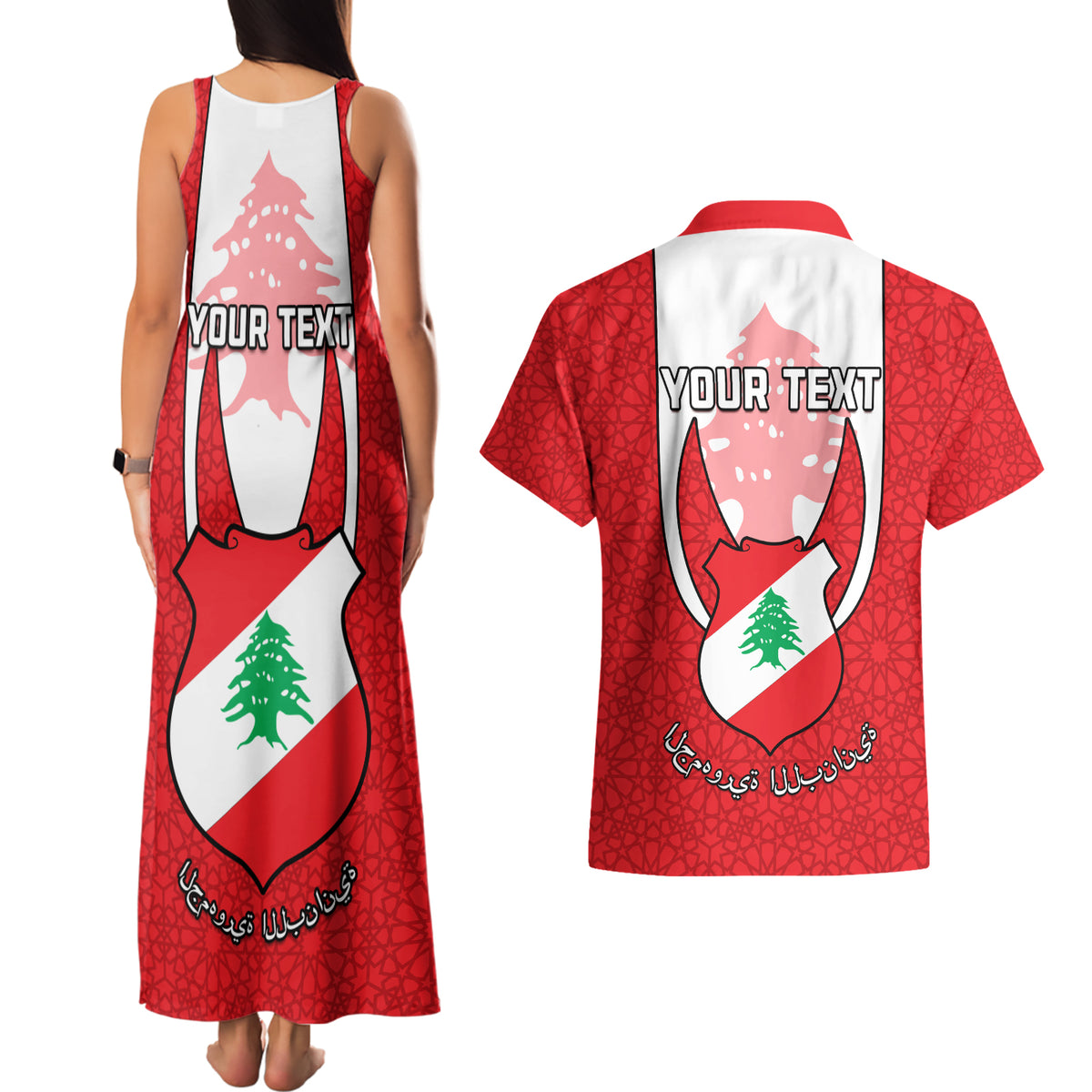 Personalised Lebanon Independence Day Couples Matching Tank Maxi Dress and Hawaiian Shirt Lebanese Coat Of Arms Islamic Pattern - Wonder Print Shop