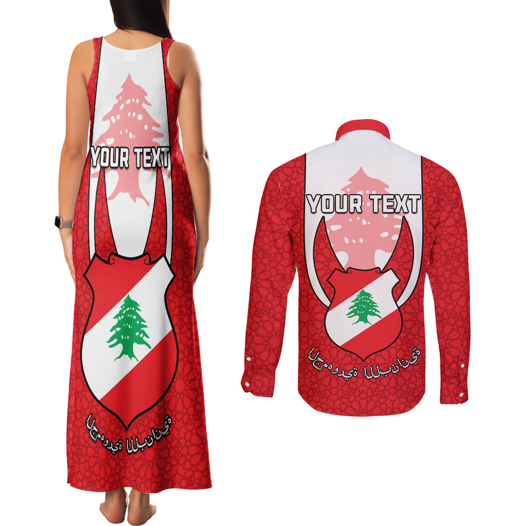 Personalised Lebanon Independence Day Couples Matching Tank Maxi Dress and Long Sleeve Button Shirt Lebanese Coat Of Arms Islamic Pattern - Wonder Print Shop