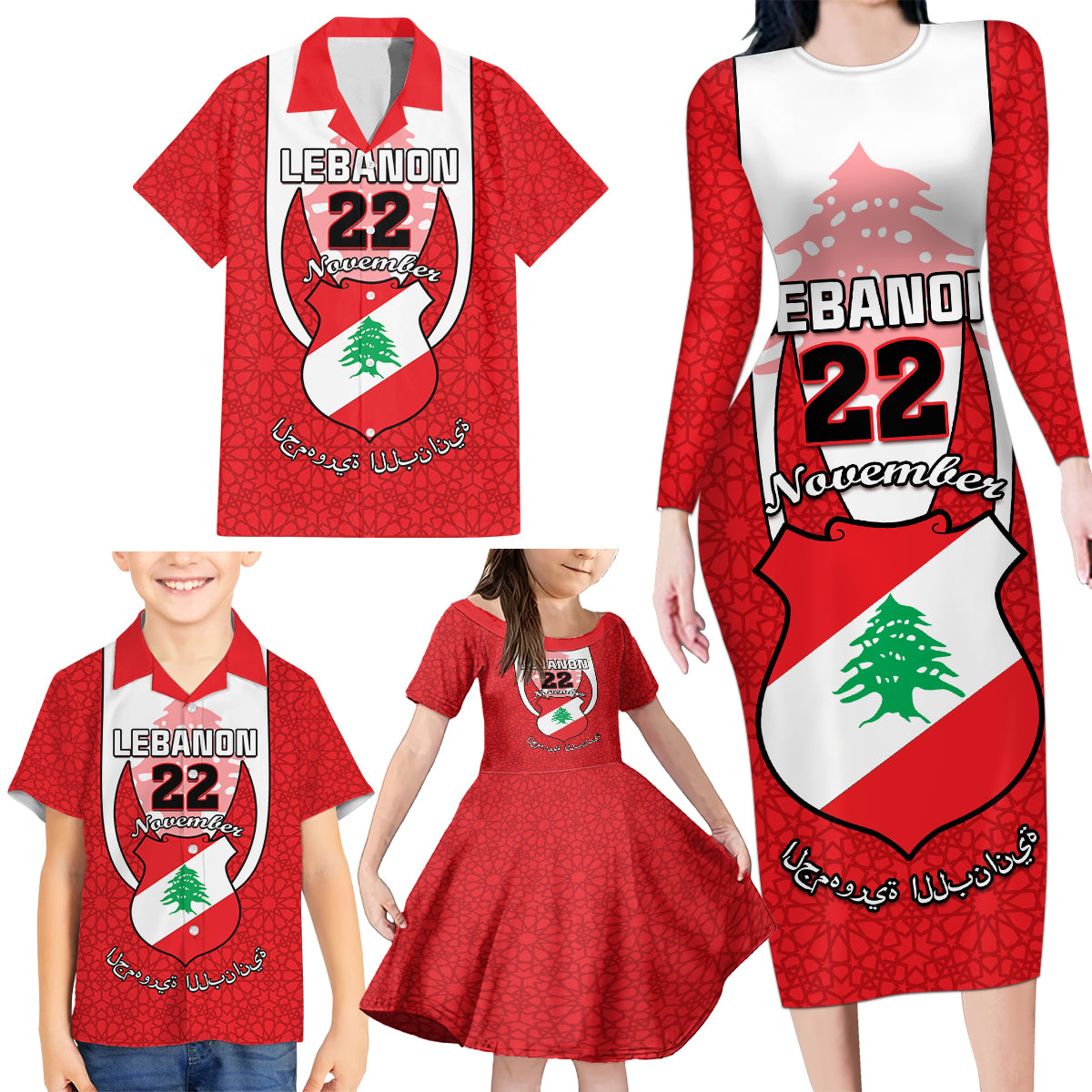Personalised Lebanon Independence Day Family Matching Long Sleeve Bodycon Dress and Hawaiian Shirt Lebanese Coat Of Arms Islamic Pattern - Wonder Print Shop