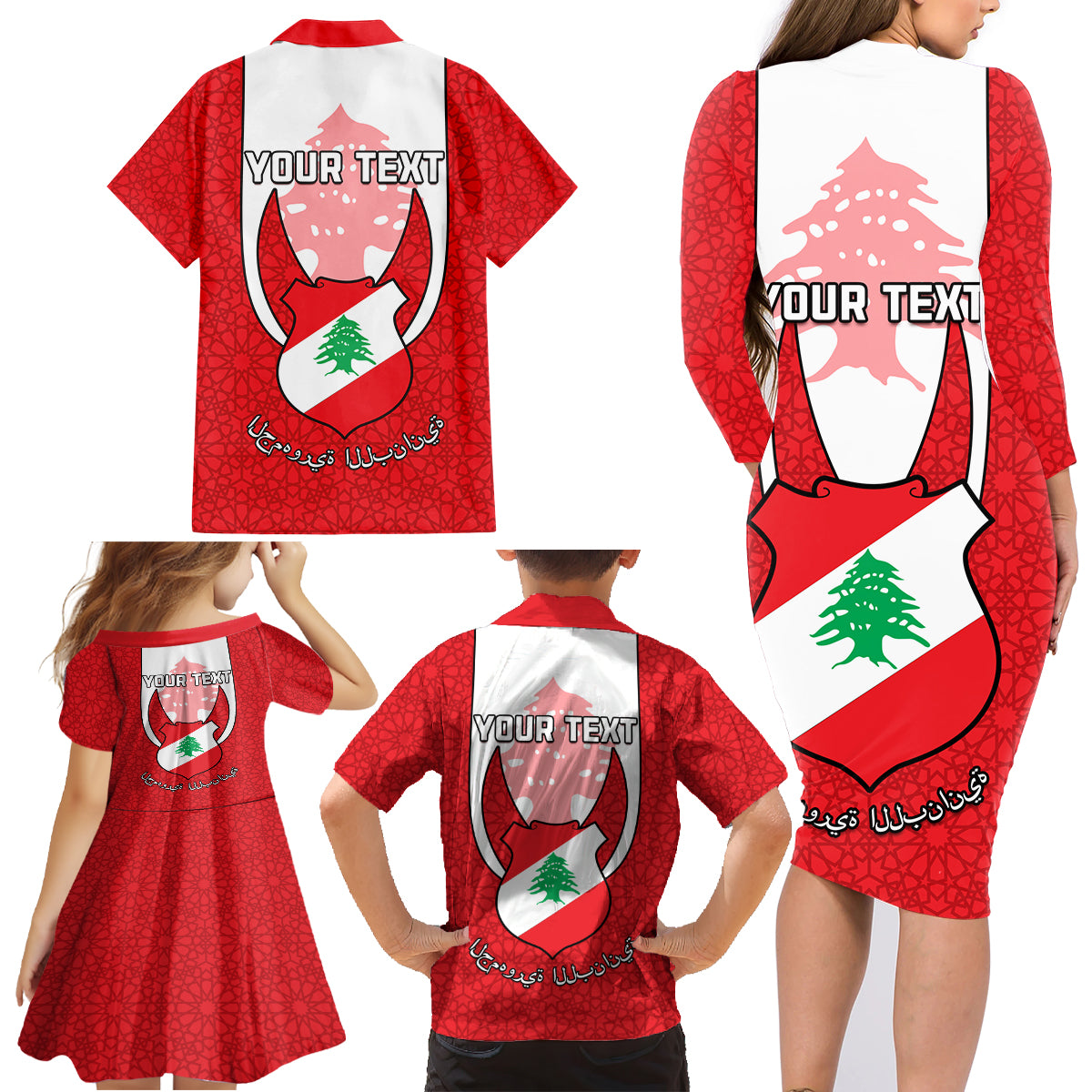 Personalised Lebanon Independence Day Family Matching Long Sleeve Bodycon Dress and Hawaiian Shirt Lebanese Coat Of Arms Islamic Pattern - Wonder Print Shop