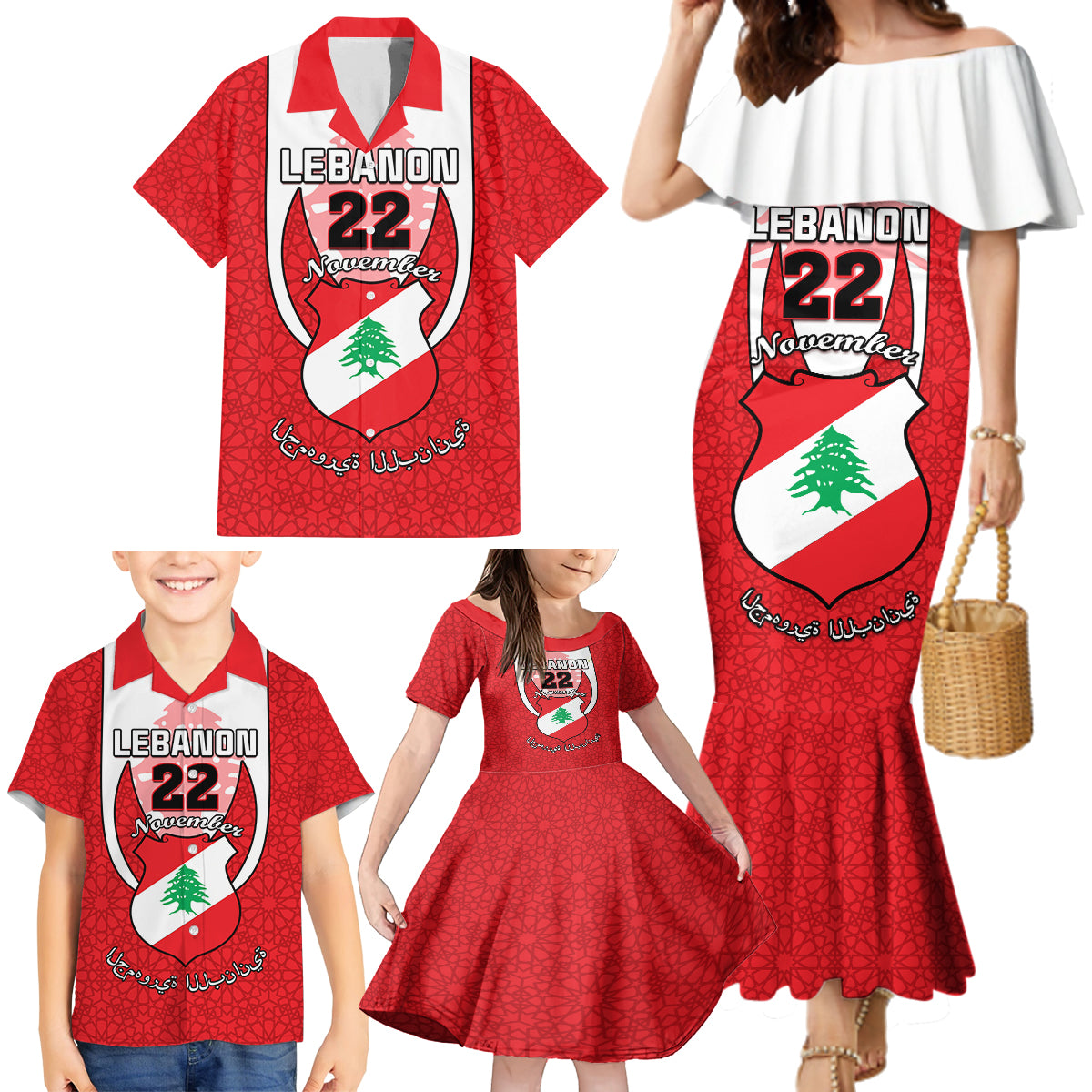 Personalised Lebanon Independence Day Family Matching Mermaid Dress and Hawaiian Shirt Lebanese Coat Of Arms Islamic Pattern - Wonder Print Shop