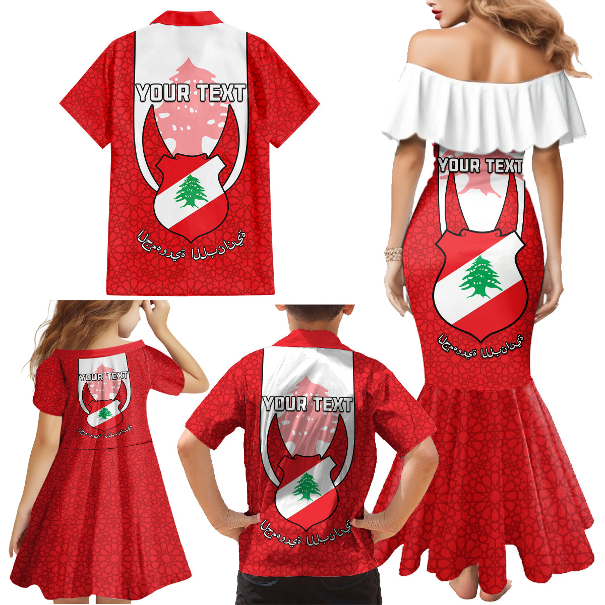 Personalised Lebanon Independence Day Family Matching Mermaid Dress and Hawaiian Shirt Lebanese Coat Of Arms Islamic Pattern - Wonder Print Shop