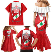 Personalised Lebanon Independence Day Family Matching Mermaid Dress and Hawaiian Shirt Lebanese Coat Of Arms Islamic Pattern - Wonder Print Shop