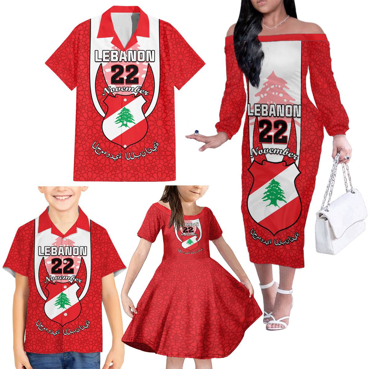 Personalised Lebanon Independence Day Family Matching Off Shoulder Long Sleeve Dress and Hawaiian Shirt Lebanese Coat Of Arms Islamic Pattern - Wonder Print Shop