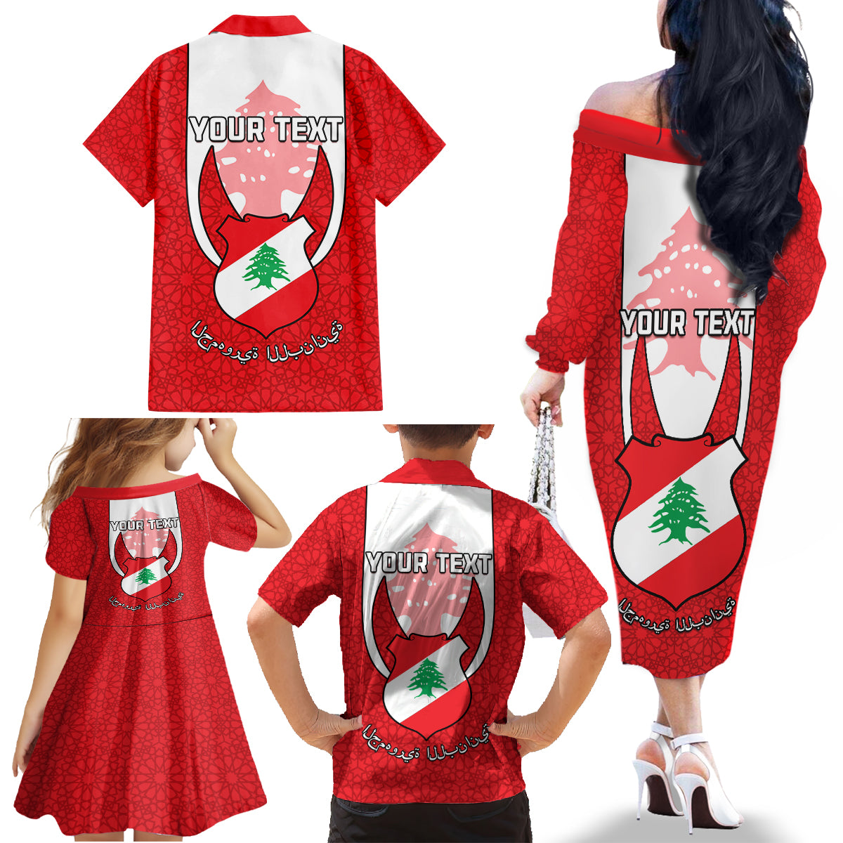 Personalised Lebanon Independence Day Family Matching Off Shoulder Long Sleeve Dress and Hawaiian Shirt Lebanese Coat Of Arms Islamic Pattern - Wonder Print Shop