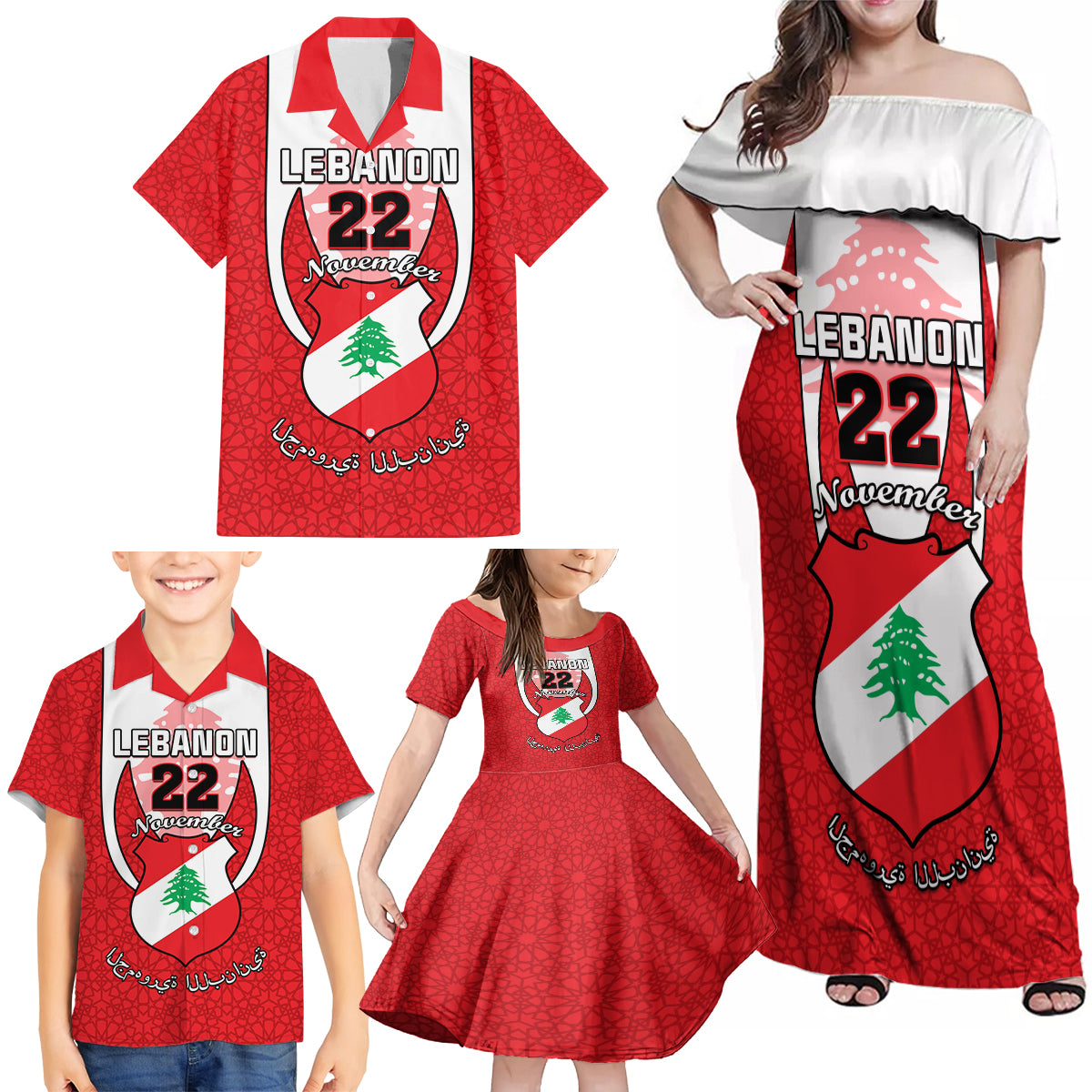 Personalised Lebanon Independence Day Family Matching Off Shoulder Maxi Dress and Hawaiian Shirt Lebanese Coat Of Arms Islamic Pattern - Wonder Print Shop