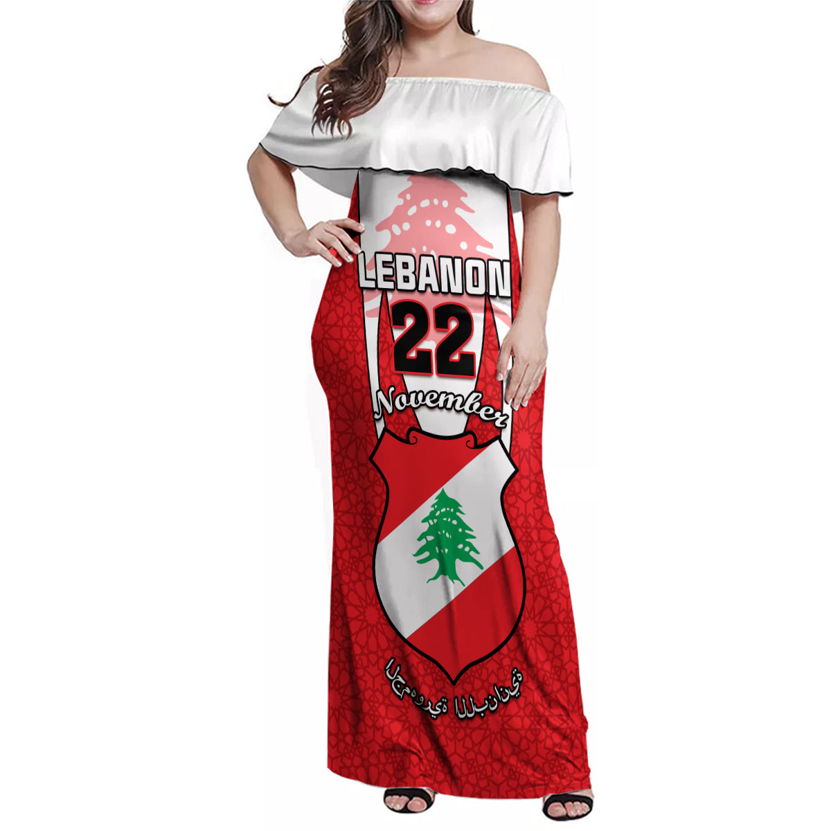 Personalised Lebanon Independence Day Family Matching Off Shoulder Maxi Dress and Hawaiian Shirt Lebanese Coat Of Arms Islamic Pattern - Wonder Print Shop
