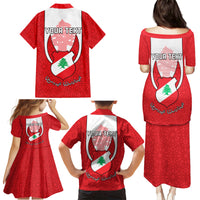 Personalised Lebanon Independence Day Family Matching Puletasi Dress and Hawaiian Shirt Lebanese Coat Of Arms Islamic Pattern - Wonder Print Shop