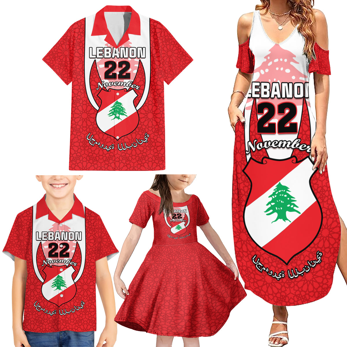 Personalised Lebanon Independence Day Family Matching Summer Maxi Dress and Hawaiian Shirt Lebanese Coat Of Arms Islamic Pattern - Wonder Print Shop