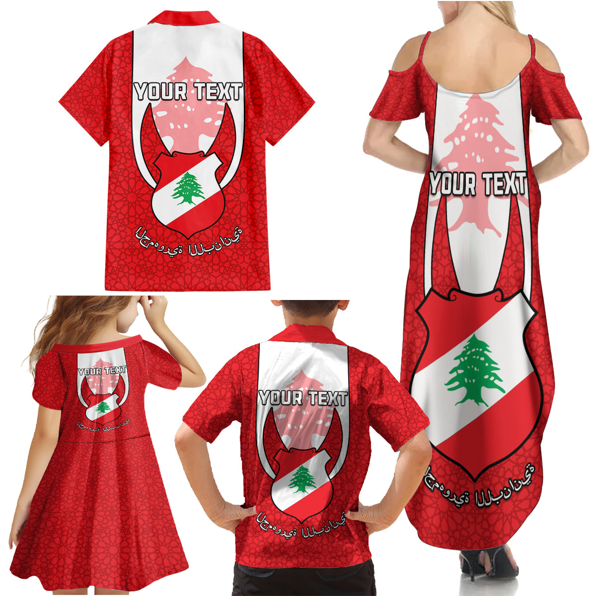 Personalised Lebanon Independence Day Family Matching Summer Maxi Dress and Hawaiian Shirt Lebanese Coat Of Arms Islamic Pattern - Wonder Print Shop