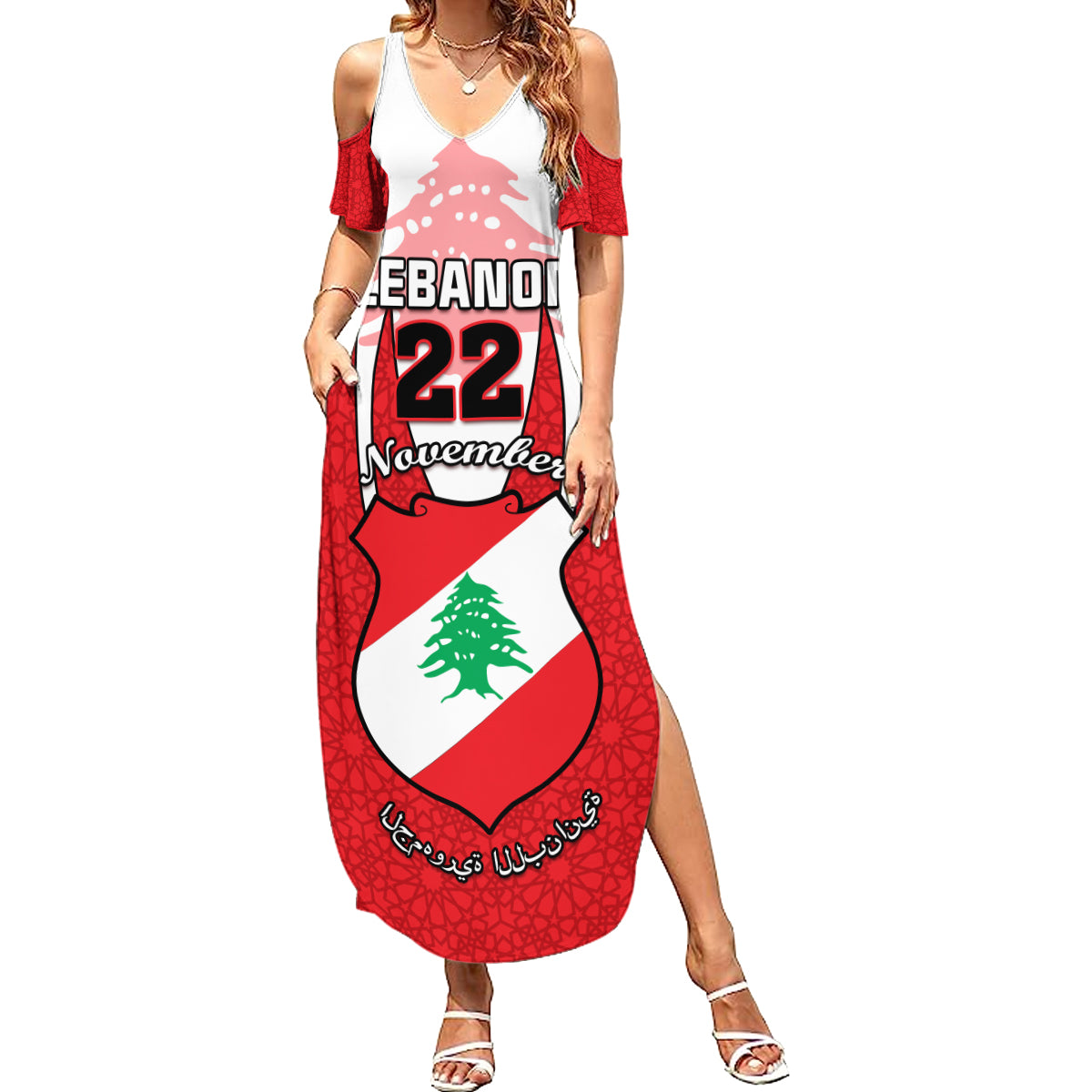 Personalised Lebanon Independence Day Family Matching Summer Maxi Dress and Hawaiian Shirt Lebanese Coat Of Arms Islamic Pattern - Wonder Print Shop