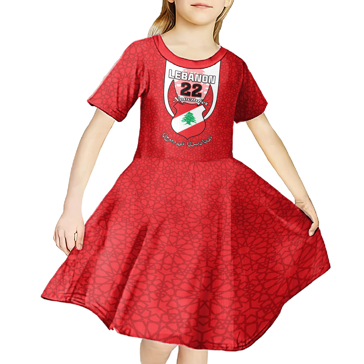 Personalised Lebanon Independence Day Kid Short Sleeve Dress Lebanese Coat Of Arms Islamic Pattern - Wonder Print Shop