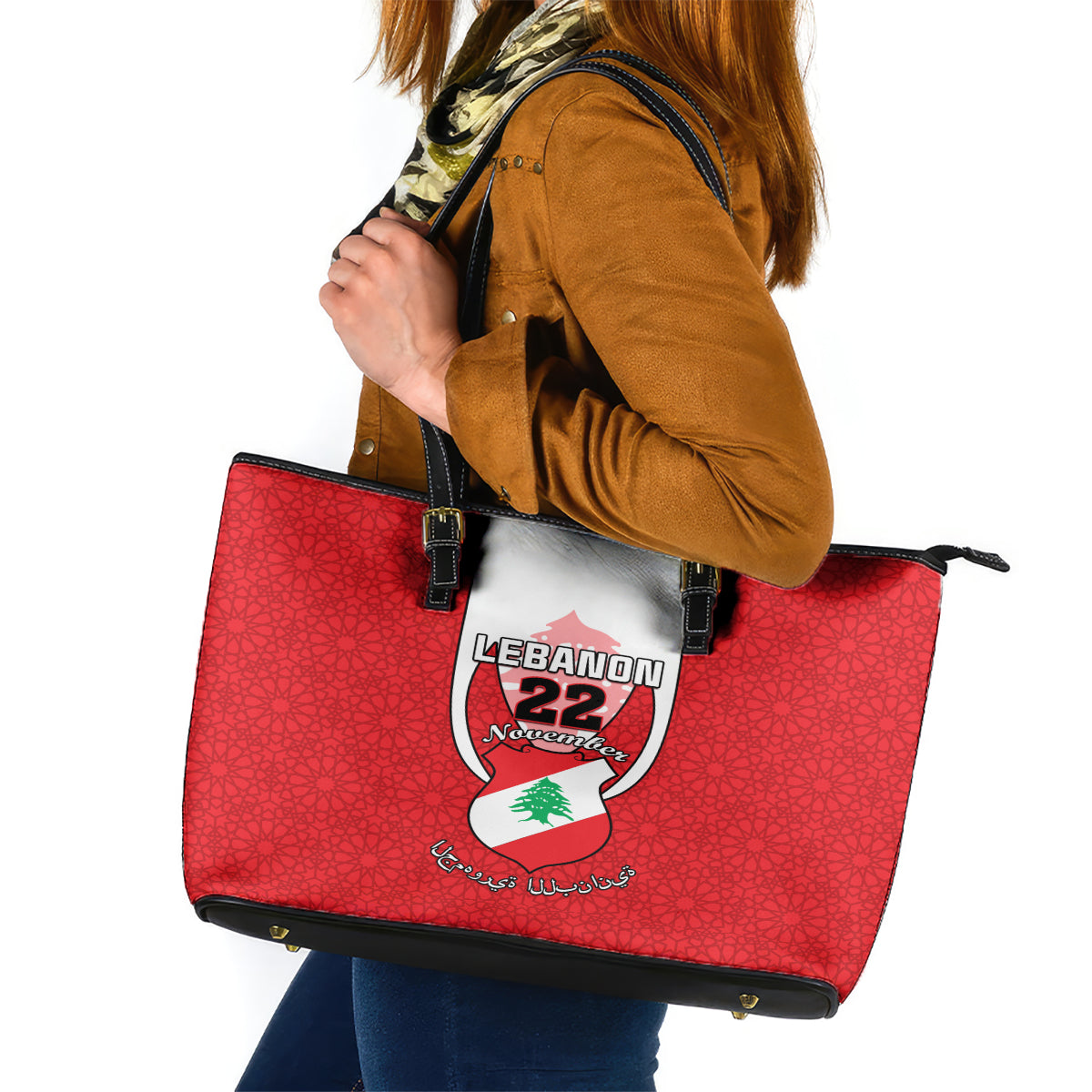 Lebanon Independence Day Leather Tote Bag Lebanese Coat Of Arms Islamic Pattern - Wonder Print Shop