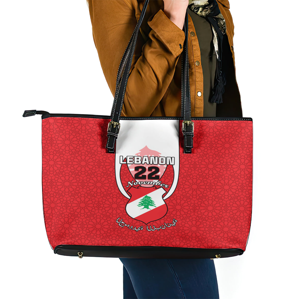 Lebanon Independence Day Leather Tote Bag Lebanese Coat Of Arms Islamic Pattern - Wonder Print Shop