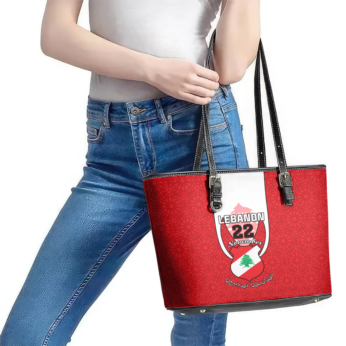 Lebanon Independence Day Leather Tote Bag Lebanese Coat Of Arms Islamic Pattern - Wonder Print Shop